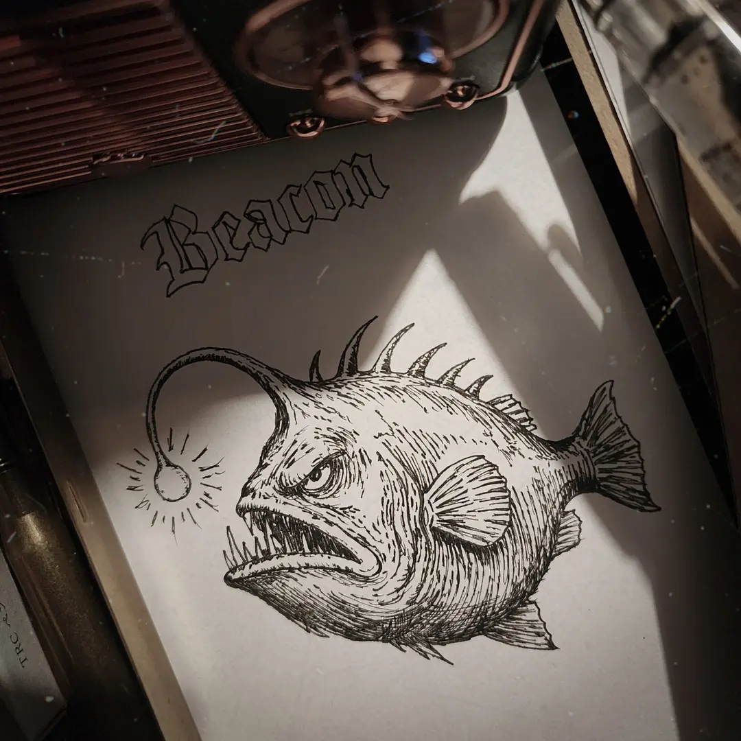 Beacon, an ink drawing of an anglerfish illuminating the darkness