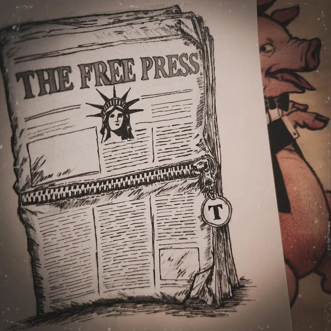 The Free Press, an ink drawing of a newspaper press