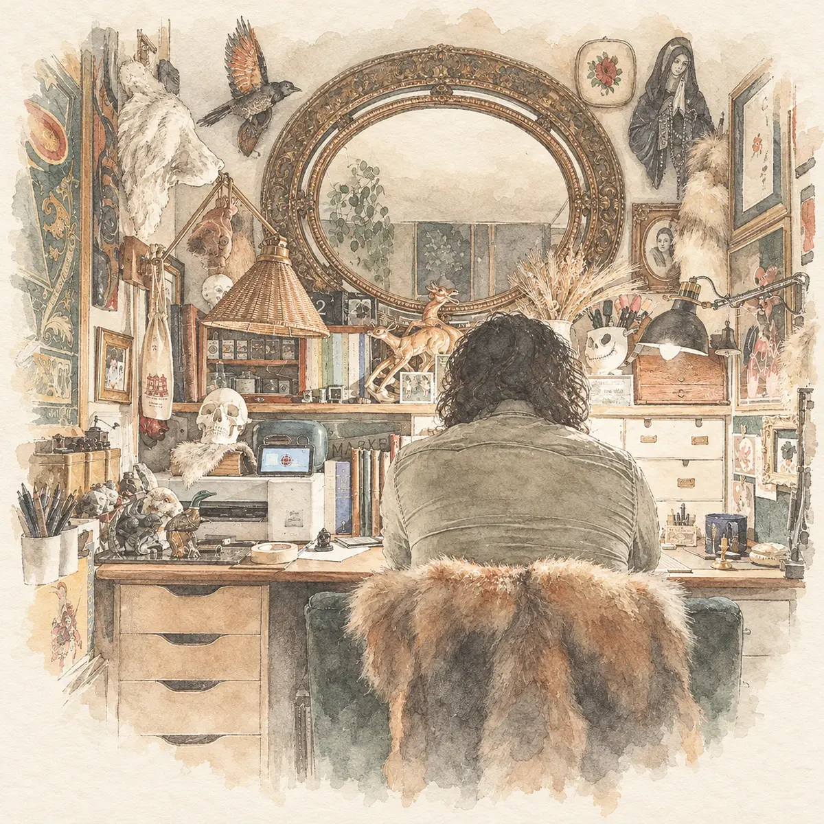 A pale watercolour sketch of the Jackalore studio, with its writer seated among books, drawings and curiosities